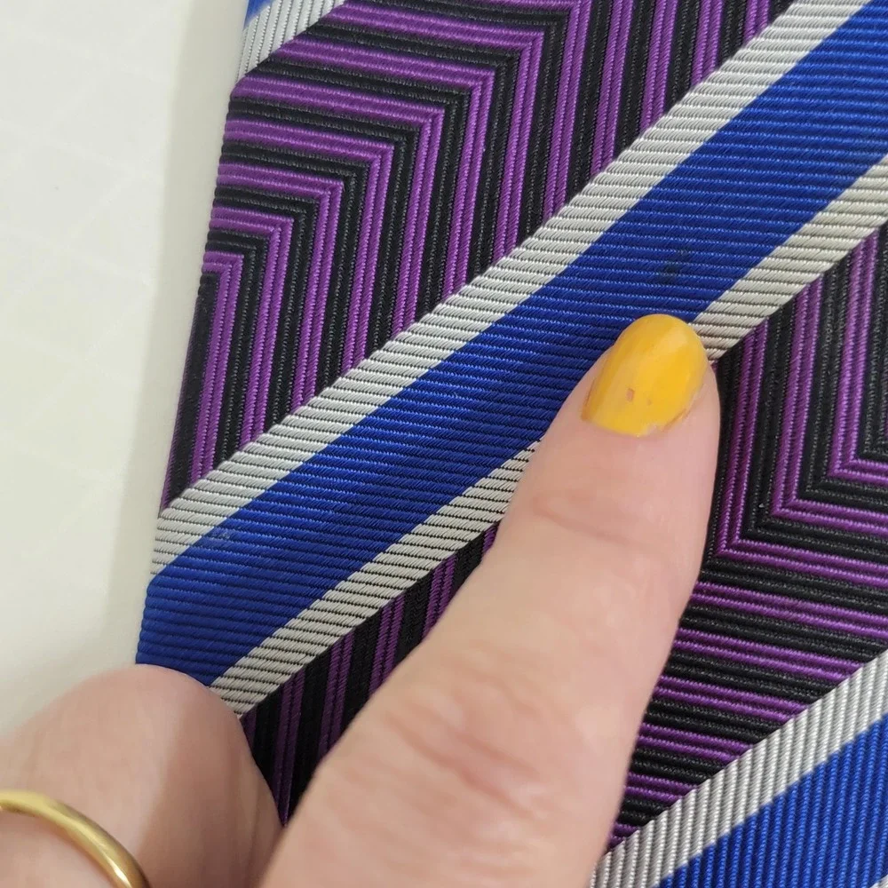 XMI Platinum Silk Tie Purple Blue Chevron Repp Stripe Hand Made USA